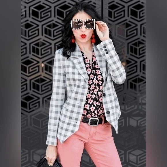 CAbi Valentina Blazer Women's 10 Gray Checkered 5292 Stretch Ponte Jacket Career - Picture 1 of 12